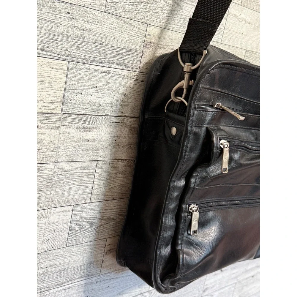 Philippe Amiel‎ Black Leather Multi-Pocket Travel Bag Briefcase Adjustable Strap